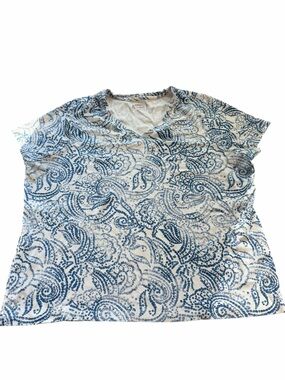 Studio Works White V-Neck Tee with Blue Swirl Print